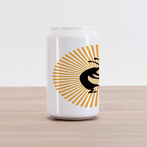 Lunarable Kokopelli Cola Can Shape Piggy Bank, The Fertility Deity Kokopelli Dancing on Abstract Sun Background Illustration, Ceramic Cola Shaped Coin Box Money Bank for Cash Saving, Yellow Black