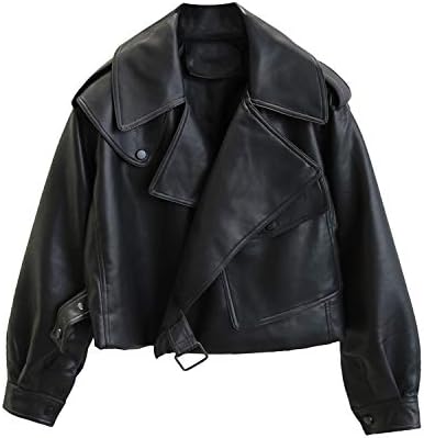 LY VAREY LIN Women Black Faux Leather Jackets Casual Short