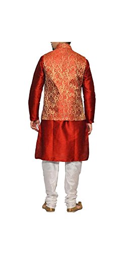 inyour men's silk red gold waiscoat,red kurta,white pajama set_inyour-tr3195wcp