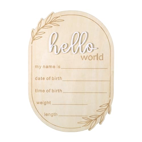 Baby Announcement Sign, 5.91x4.13 Inch Hello World Babies Name Wooden Sign Newborn Welcome Signs Lovely Babies Name Plaques for Nursery Hospital Girl Boy Baby Shower