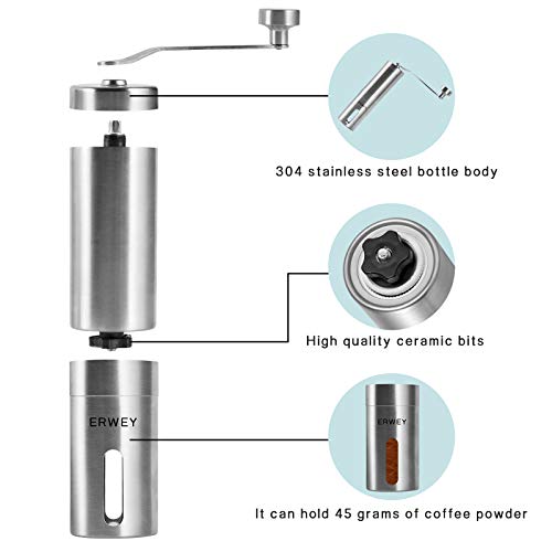 ERWEY Kaffeemühle Manuell mit Keramikmahlwerk Kaffeemühle Hand Handkaffeemühle aus Edelstahl Espressomühle mit… – Bild 4