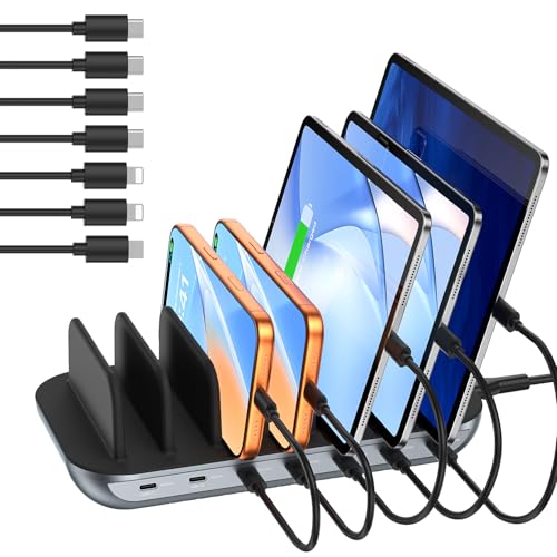 SooPii USB Charging Station, Multiple USB Charger Station for Multible Devices, mixed Cables Included, Charging Organizer for Phones,Tablets, and Other Electronics (140W-7 USB C Black)