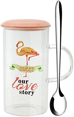 Teagas Our Love Story Sweet Flamingo Coffee Mug with Ceramic Lid and Stainless Steel Spoon, Gift for Your Flamingo Loving Friends