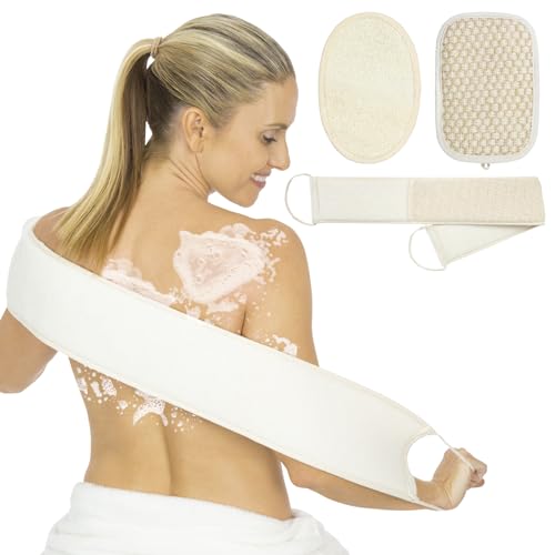 Vive Exfoliating Back Scrubbers for Use in Shower (3 Set) - Loofah Sponge Pads for Body with Handles, Deep Clean and Invigorate Your Skin for Men, Women and Elderly - Soft Luffa with Soap