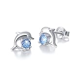S925 Sterling Silver Ocean Blue Cubic Zirconia Dolphin Stud Earrings for Women