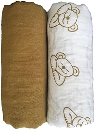 FLASH SALE - Muslin Swaddle Blankets 2 Pack - Seben Baby - Nursery Receiving Blankets - 47" x 47" - 100% Cotton - Bear
