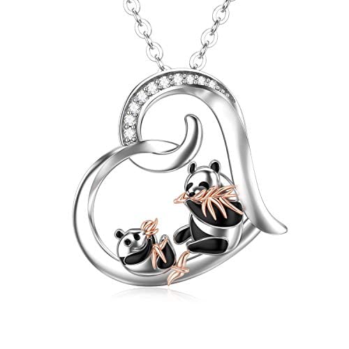 ROMANTICWORK Panda Necklace Sterling Silver Mum Necklace Mother and Daughter Heart Pendant Necklace Jewellery Gifts for Women Girls