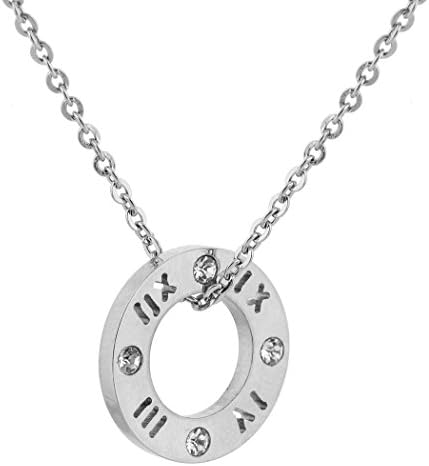 Tuji Jewelry Stainless Steel Sliver Roman Numerals Circle Necklace Pendant for Women