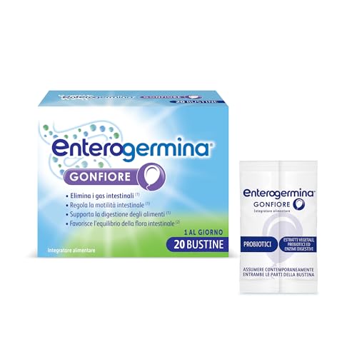 Enterogermina Gonfiore, Fermenti Lattici Probiotici, Prebiotici per Adulti - Integratori con Enzimi Digestivi ed Estratti Vegetali contro Pancia Gonfia e Gonfiore Addominale (20 Bustine Gusto Pesca)