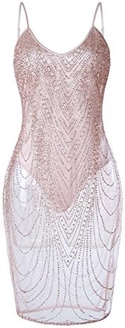 XUGWLKJ Women’s Backless V Neck Strap Bodycon Cocktail Party Sexy Sequin Mini Dress