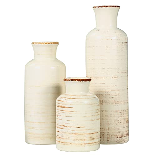 Ceramic Flower Vases Set of 3 for Home Decor Rustic Ideal Shelf Decor Table Décor, Small White Ceramic Vase for Flowers, Neutral Cream Vases Home Decor(Beige)