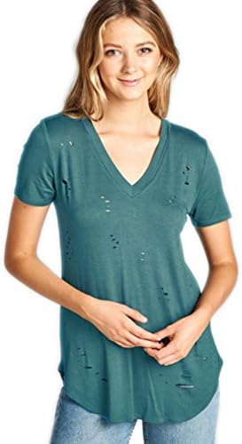 MADRACK213 Women's Junior Fit Distressed Short Sleeve V-Neck Jersey Top (Small, Fall Sage)
