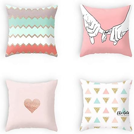OATHENE Set of 4 Decorative Throw Pillow Covers,Macaron Color Small Heart Cotton Linen Cushion Sofa Bedroom Car,Home Decor,18 x 18 Inch.1366