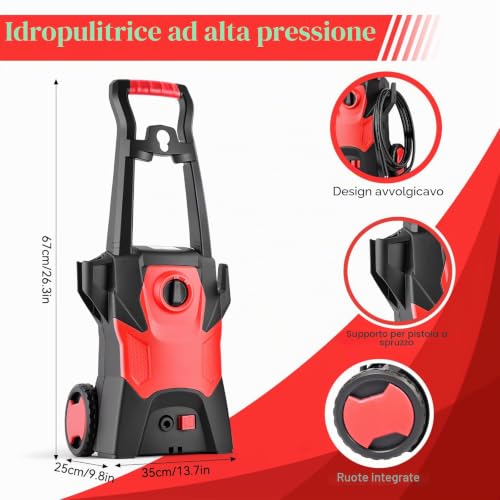 2000W Pressure Washer, Max 150 Bar Portable Pressure Washer with Foam Cannon and 10 m Tube, Electric Jet for Car, Terrace, Driveway, Fence, Floor Cleaning, Red