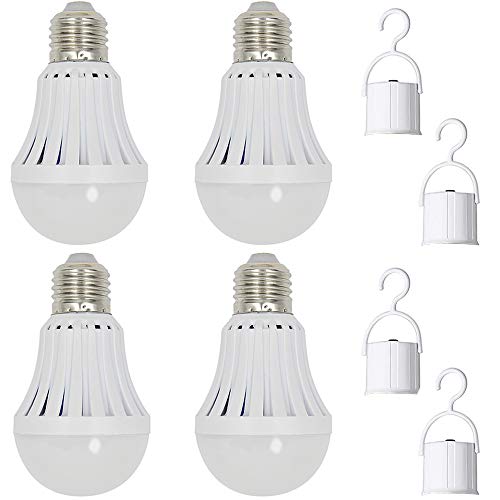 4 Acuvar 5W LED Emergency Light Bulbs with Built in Self-Rechargeable Battery for Power Outage, Home, Camping, Trail Hiking and Car Maintenance + 4 Hook Switches