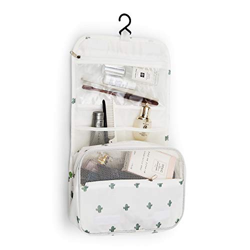 Multifunctional Lightweight Toiletry Bags Travel Cosmetic Bags For Women Waterproof Make Up Organizer with Sturdy Hook Portable Compact Bathroom Pouch with Large Capacity (Large, White-Cactus)