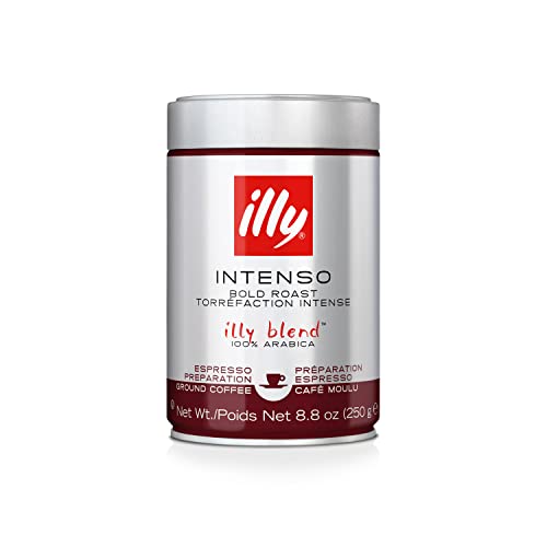 ILLY INTENSO GROUND ESPRESSO COFFEE, BOLD ROAST, INTENSE, ROBUST AND FULL FLAVORED WITH NOTES OF DEEP COCOA, 100% ARABICA COFFEE, NO PRESERVATIVES, 8.8 OUNCE CAN (PACK OF 1)