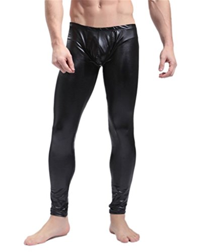 iYunyi Mens Long PU Leather Club Dance Pants Skinny Muscle Tights Leggings