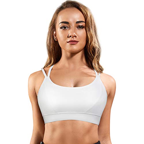 Rolewpy Strappy Women Sport Bra with Removable Padded Racerback Medium Support Running Yoga Bra (White Sport Bra, M Fit 34C 34D 36A 36B)