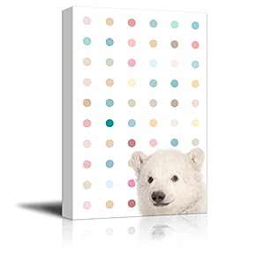 Peekaboo Animals Canvas Wall Art - White Polar Bear on Colorful Dots Background - Gallery Wrap Modern Home Art | Ready to Hang - 12x18 inches