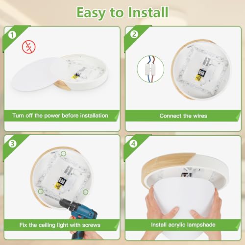 Kimjo 24 W LED Ceiling Light Wood, φ30 cm Round Ceiling Lamp, 2400 LM, 4500 K Modern White LED Ceiling Light for Offices, Living Rooms, Bedrooms, Kitchens, Hallways, Balcony