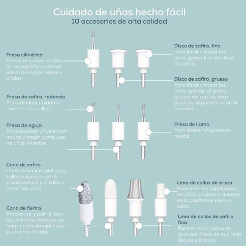 MP 84 Set de manicura/pedicura, lima de uñas eléctrica con batería recargable, 10 accesorios, luz LED, incluye estuche, hasta 4400 rpm, torno de uñas para el cuidado de manos y pies