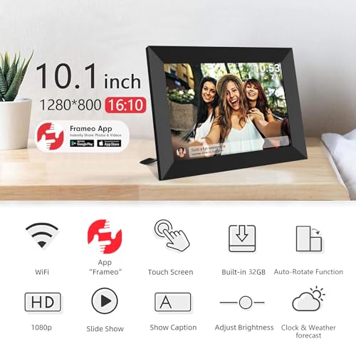 AKImart Marco Digital FRAMEO WiFi de 10.1" con Pantalla IPS táctil (1280x800). Rotación automática, Memoria Interna de 32 GB. Envía Fotos al Instante Desde Cualquier Lugar con la App Frameo