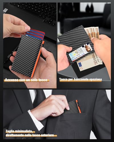 Small Man Credit Card Holder, Slim Men's Wallet with Magnetic Closure and ID Window, Pop-up Leather Card Holder for 11 Cards, Card Holder with Coin and Banknotes, Black and Orange