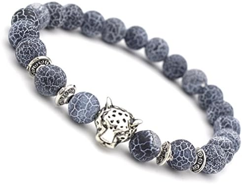 Ylin Supper Cool Black Weathered Agate Beaded Bracelet with Alloy Panther Head Pendant (Silver)