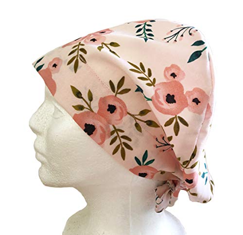 Women's Front Fold Tie Back Scrub Cap Surgical Cap Pink Flowers