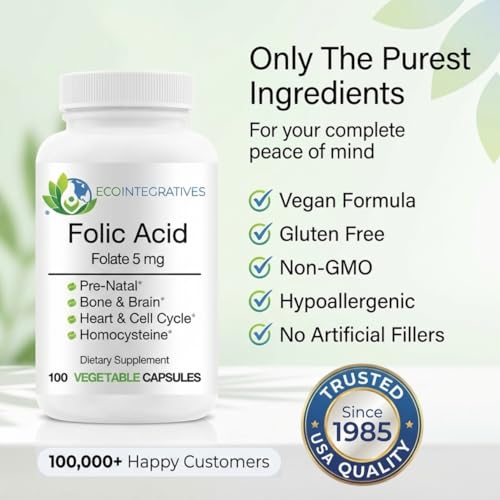EcoIntegratives Folic Acid Folate 5mg (B9) Prenatal, Reproductive Health, Homocysteine, Metabolism, Cardiovascular, Bone, Immune Support, Allergen Free, Non GMO - 100 Vegan Capsules
