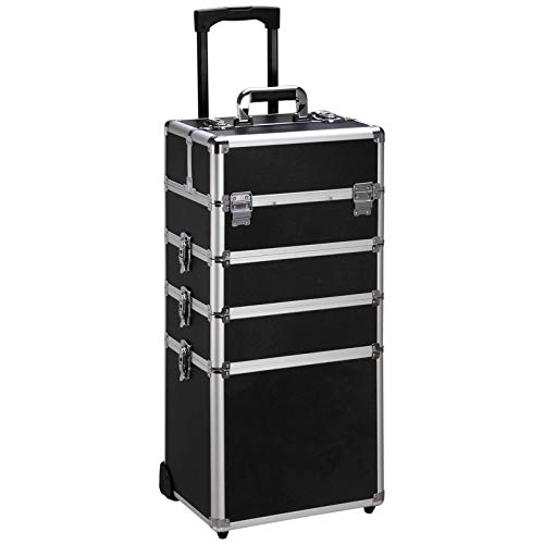 Ollieroo-4-in-1-Aluminum-Rolling-Cosmetic-Makeup-Train-Cases-Trolley-Professional-Artist-Train-Case-Organizer-Box-Lift-Handle-Lock-2-wheel-2-Keys-Each-Layer-Total-8-Keys-Makeup-Luggage-Black