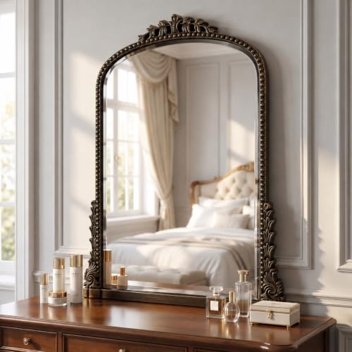 BEAUTYPEAK Miroir mural vintage 81 x 61 cm, miroir baroque ovale avec cadre en cuivre vintage, miroir mural bombé haute définition, grand miroir décoratif pour salon, salle de bain, couloir