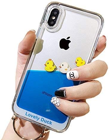 Skoveph Dynamic Blue Liquid Floating Case Compatible with iPhone Xs Max, Yellow Ducks and Pirate Ship Flexible Soft Rubber Case with Quicksand Cover (iPhone Xs Max, Three Ducks)