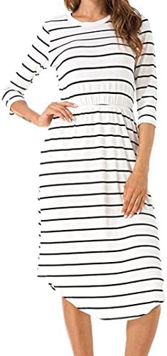 HITRAS Women Striped Fashion Irregular Knee Length O-Neck Casual Dress (2XL, White)