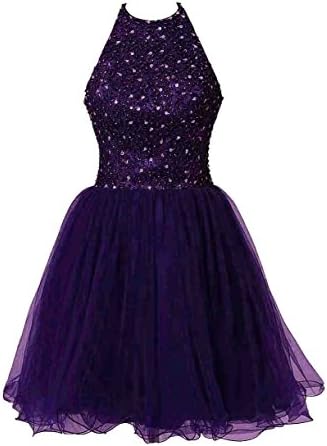 Exlinonline Women's 2016 Short Halter Lace Beaded Prom Ball Gown Purple Size 16
