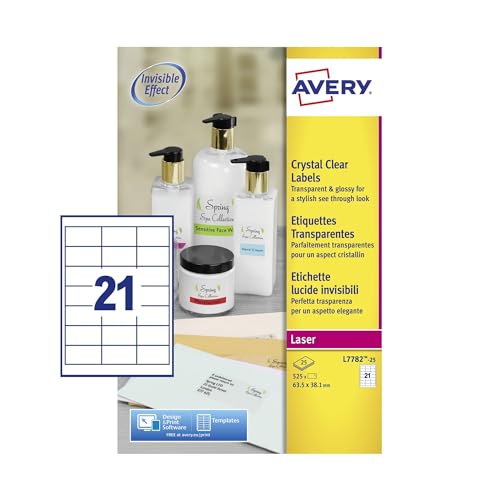 Avery L7782-25 Printable, Customisable Crystal Clear Transparent Labels for Parcel, barcodes, Letters, Crafting Project 21 Labels Per A4 Sheet (L7782-25)