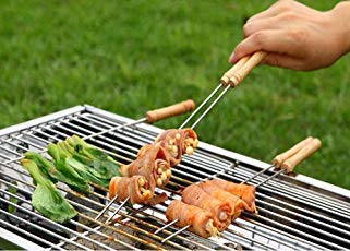 Decorcrafts Stainless Steel BBQ Barbecue Skewer Grill Kebab Needles Stick Wooden Handle Kitchen Needle Outdoor (Set of 3)