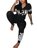 Akmipoem Women Letter Print Two Piece Outfits Short Sleeve Crop Tops and Skinny Long Pants Tracksuits Set