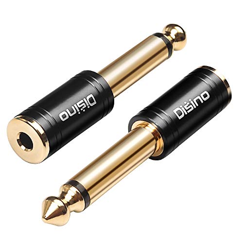 Disino 1/4" Mono to 1/8" Stereo Adapter, New Upgrade Gold-Plated 6.35mm TS Male Jack to 3.5mm TRS Female Stereo Adapter for Headphone, Amp Adapte, Black - 2 Pack