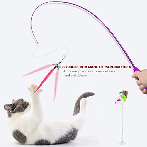 Retractable Cat Toys Wand with 5 Piece Teaser Refills, Interactive Cat Feather Toy for Cat Kitten Having Fun Exerciser Playing, Purple
