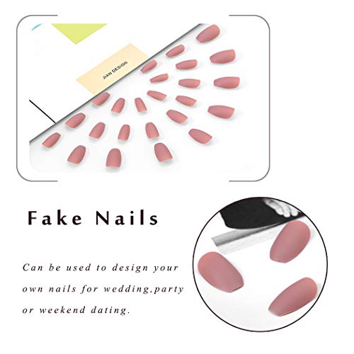 Campsis 24PCS Matte Fake Nails Pure Color Coffin False Nail Fashion Full Cover Acrylic Nail Art for Women and Girls (Nude Pink)