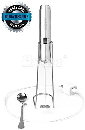 Arrbee's Espresso Milk Frother Cappuccino Mixer Stainless Steel Stem Whisk- (Silver) Rechargable Battery. USB Connector included. FREE- Sterling Silver Coffee Spoon, Recipe Ebook &amp; Mixer Stand