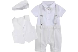 IDOPIP Baby Boy Gentleman Outfit Formal Tuxedo Suit Bowtie Romper Overalls with Vest Hat Birthday Wedding Party Clothes
