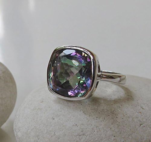 Mystic Topaz Statement Ring- Cushion Cut Solitaire Ring- Blue Purple Gemstone Ring- Unique Jewelry Gifts for Her