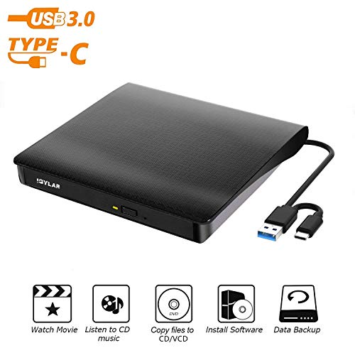 iGylar External CD Drive, USB 3.0 & Type C External DVD CD Player, Plug & Play Burner High Speed Data Transfer DVD Player for Laptop Notebook PC Support Windows/Vista/7/8/10, Mac OS & Linux (Black)