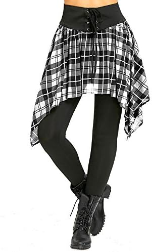 KENANCY Women Skirted Leggings Plaid Lace Up Skinny Active Pants Overlay