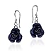 Simply Beautiful Blooming Navy Blue Rose .925 Sterling Silver Dangle Earrings