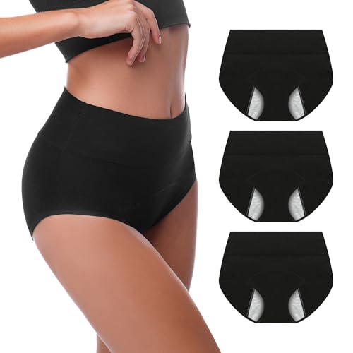 Walifrey Period Underwear for Women, High Waisted Panties Leakproof Postpartum Cotton Briefs 3 Pack Black XL