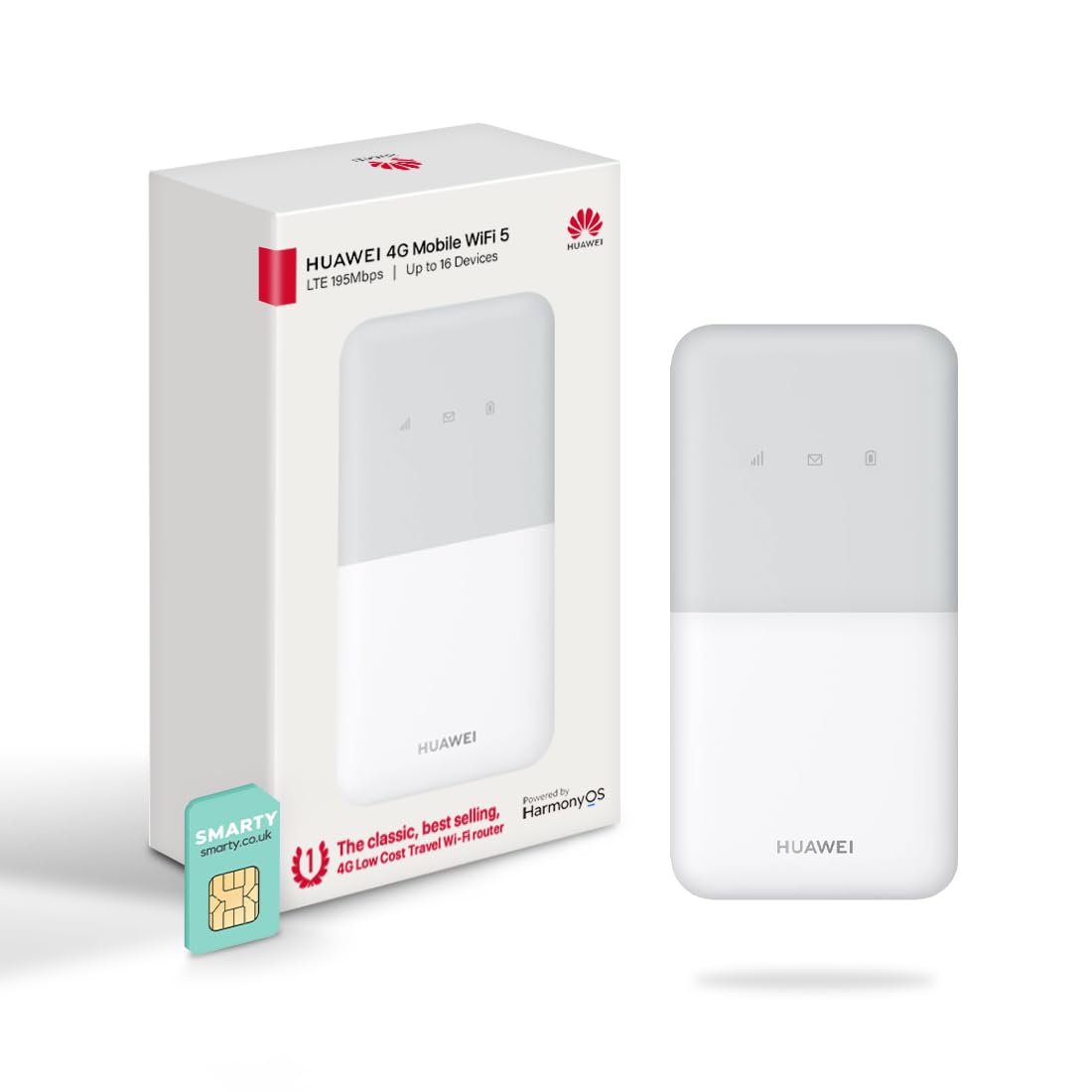 Huawei E5586, CAT 4, Portable 4G Low Cost Travel Wi-Fi, Roams on all World Networks, Genuine UK Warranty Stock, with FREE SMARTY SIM- White